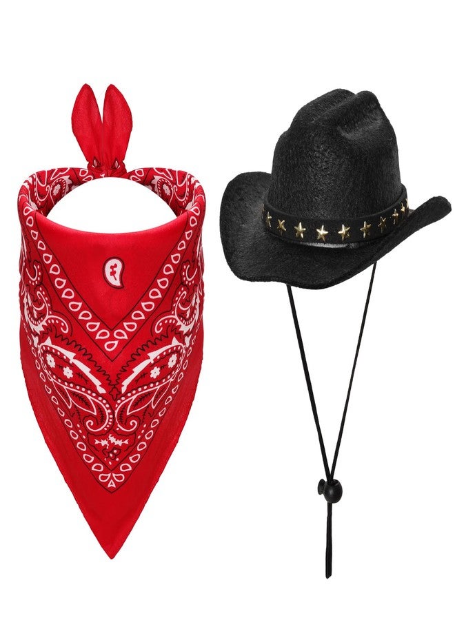 Fumwase Pet Cowboy Costume Halloween Costumes for Dogs Cat Cowboy Hats with Bandana Scarf Costume Accessories Dog Cat (Black hat + Red, Small) - Image 1